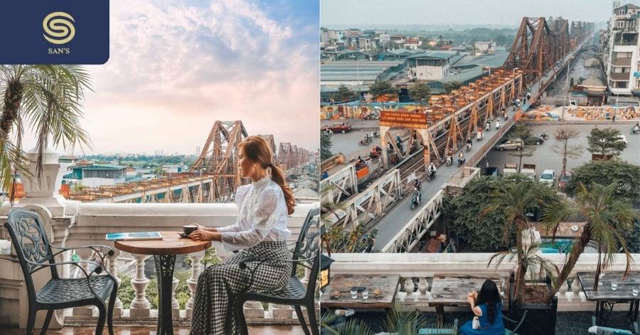 Panoramic view of historic Long Bien bridge from high-rise cafes