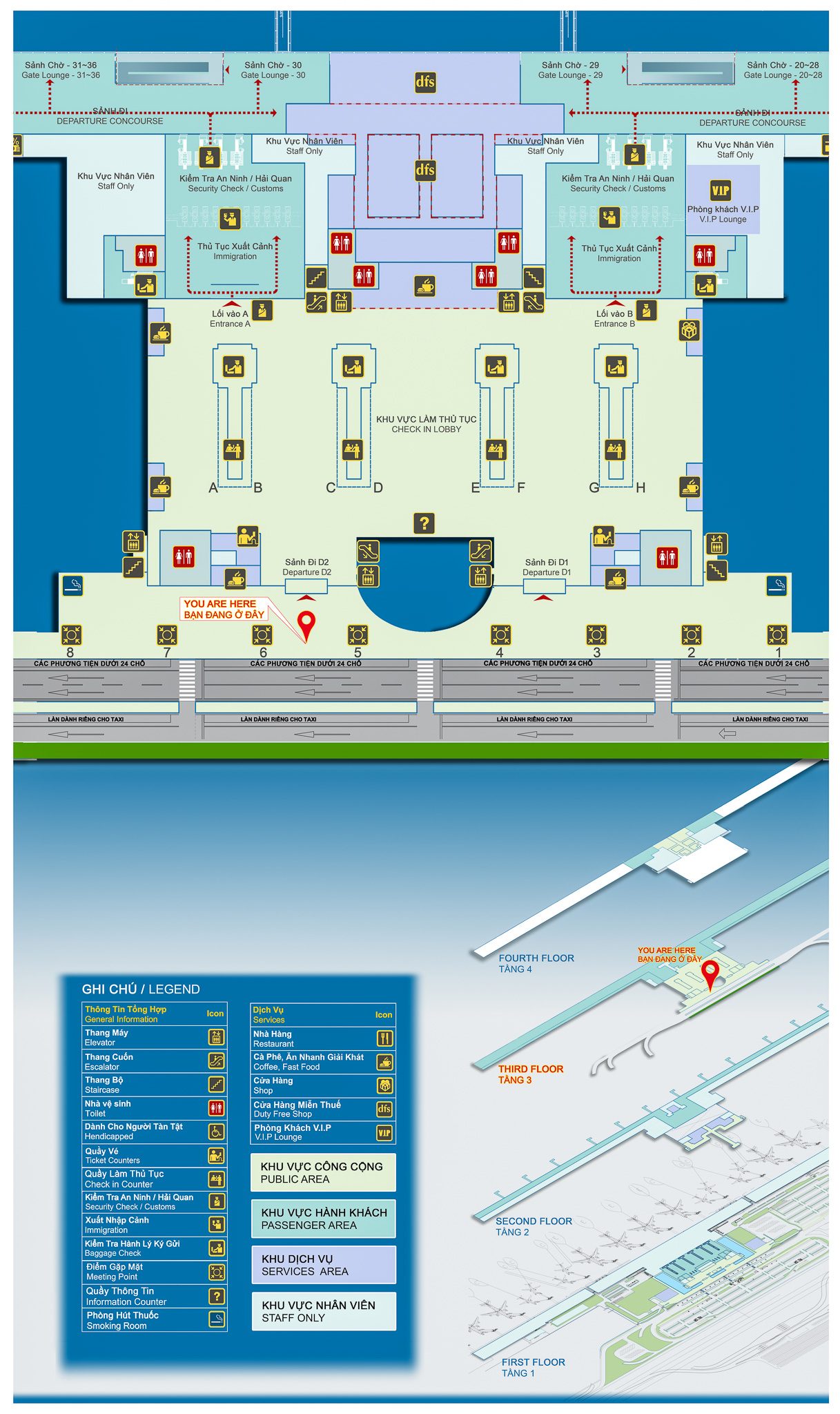 Noi Bai airport map on the 3rd floor of terminal T2