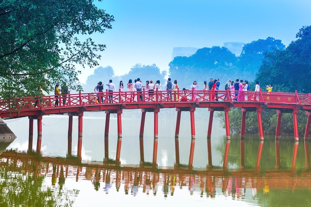 The Huc Bridge in Hoan Kiem Lake, Old Quarter Hanoi