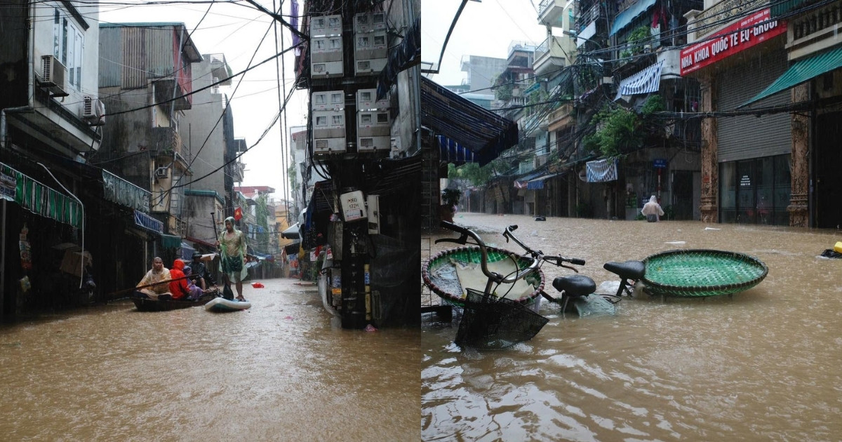 Hanoi's streets are deeply flooded (Photo source: Compiled)